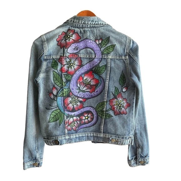 Hand Crafted Jackets & Blazers - Custom Painted Denim Jean Jacket Snake & Wild Roses Light Wash Size S-M Original